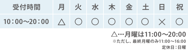 月曜|11:00 - 20:00 火~土祝|10:00 - 20:00 ※最終月曜のみ:11:00 - 16:00
